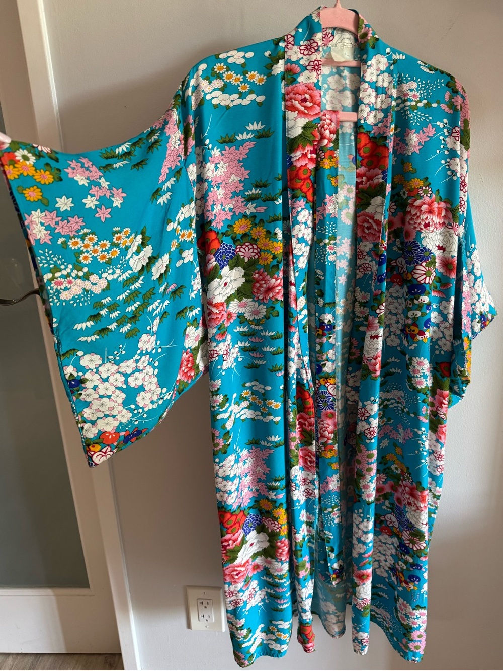 Vintage 60’s - 70’s Teal Floral Cherry Blossom Print Asain Style Kimono Robe MED